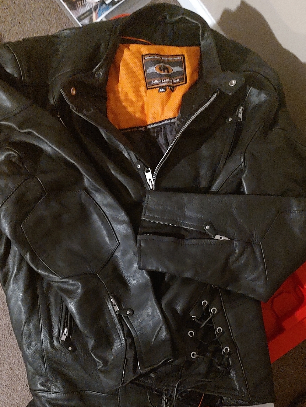 Men's Black Leather Bomber Jacket with Orange Lining